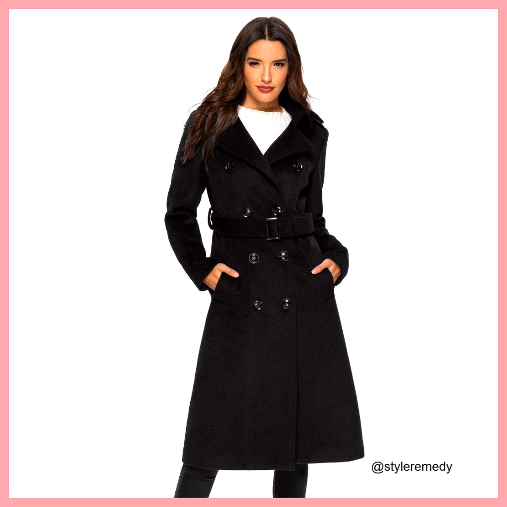 Wool Blend Double Breasted Pea Coat With Belt Trench Coat